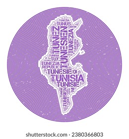 Imagen del vector de Túnez. Diseño de logotipo de campo. Afiche tunecino en arcos circulares y estilo de la nube de palabras. Ilustración vectorial moderna.