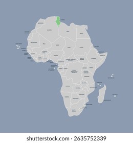 Tunisia vector map silhouette isolated on Africa map. Editable vector map of Africa. 