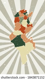 Tunisia vintage map. Grunge poster with map of the country in retro color palette. Shape of Tunisia with sunburst rays background. Vector illustration.