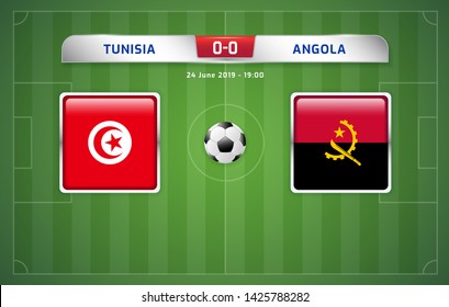 Tunisia vs Angola scoreboard broadcast template for sport soccer africa tournament 2019 Group E and football championship in egypt vector illustration