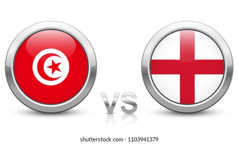 Tunisia vs England - Match 14 - Group G - 2018 tournament. Shiny metallic icons buttons with national flags isolated on white background.