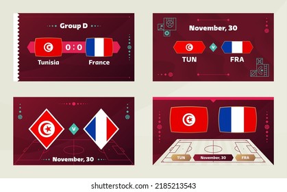 Tunisia vs France, Football 2022, Group D. World Football Competition championship match versus teams intro sport background, championship competition final poster, vector illustration.