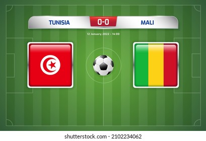 Tunisia vs Mali scoreboard broadcast template for sport soccer africa tournament 2021 Group F and football championship in cameroon vector illustration