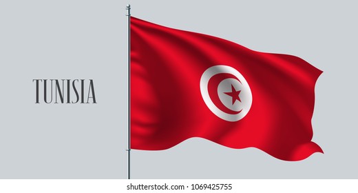 Tunisia waving flag on flagpole vector illustration. Red white element of Tunisian wavy realistic flag as a symbol of country 
