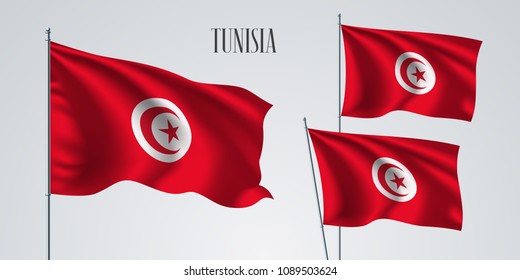 Tunisia waving flag set of vector illustration. White red colors of Tunisia wavy realistic flag as a patriotic symbol 