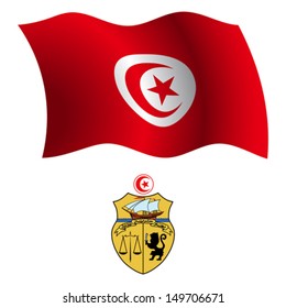 tunisia wavy flag and coat of arms, abstract vector art illustration, image contains transparency