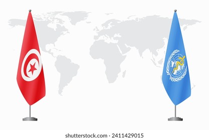 Tunisia and World Health Organization flags for official meeting against background of world map.