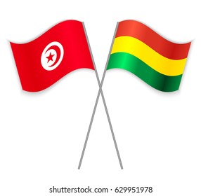 Tunisian and Bolivian crossed flags. Tunisia combined with Bolivia isolated on white. Language learning, international business or travel concept.