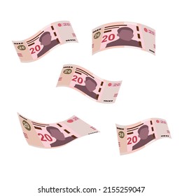 Tunisian Dinar Vector Illustration. Tunisia money set bundle banknotes. Falling, flying money 20 TND. Flat style. Isolated on white background. Simple minimal design.