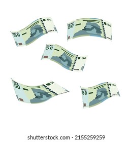 Tunisian Dinar Vector Illustration. Tunisia money set bundle banknotes. Falling, flying money 50 TND. Flat style. Isolated on white background. Simple minimal design.