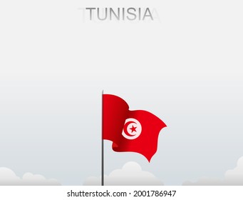 Tunisian flag flying on a pole standing tall under a white sky