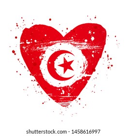 Tunisian flag in the form of a big heart. Vector illustration on white background. Brush strokes drawn by hand. Tunisia Independence Day.
