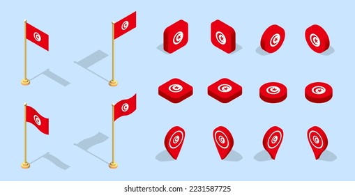 Tunisian flag (Republic of Tunisia). 3D isometric flag set icon. Editable vector for banner, poster, presentation, infographic, website, apps, maps, and other uses.