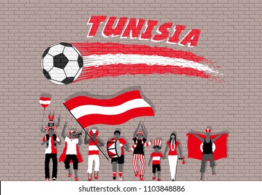 Tunisian football fans cheering with Tunisia flag colors in front of soccer ball graffiti. All the objects are in different layers and the text types do not need any font. 