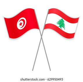 Tunisian and Lebanese crossed flags. Tunisia combined with Lebanon isolated on white. Language learning, international business or travel concept.