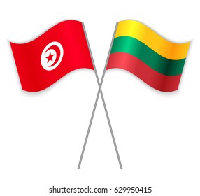 Tunisian and Lithuanian crossed flags. Tunisia combined with Lithuania isolated on white. Language learning, international business or travel concept.