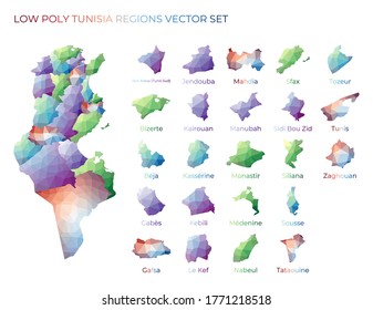 Tunisian low poly regions. Polygonal map of Tunisia with regions. Geometric maps for your design. Classy vector illustration.