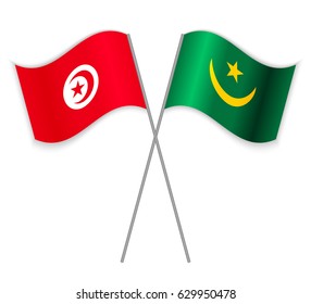 Tunisian and Mauritanian crossed flags. Tunisia combined with Mauritania isolated on white. Language learning, international business or travel concept.