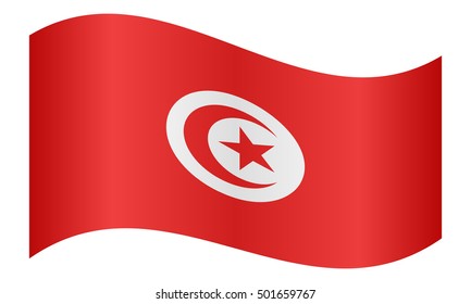 Tunisian national official flag. African patriotic symbol, banner, element, background. Correct colors. Flag of Tunisia waving on white background, vector illustration