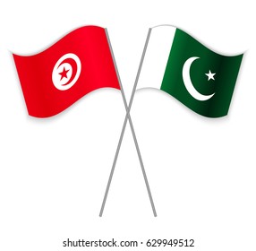 Tunisian and Pakistani crossed flags. Tunisia combined with Pakistan isolated on white. Language learning, international business or travel concept.