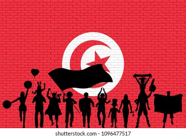 Tunisian supporter silhouette in front of brick wall with Tunisia flag. All the objects, silhouettes and the brick wall are in different layers. 