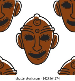 Tunisian symbol travel to Tunisia totem mask seamless pattern vector ritual tribal attribute face cover museum relic traveling and tourism endless texture exotic culture and traditions wallpaper print