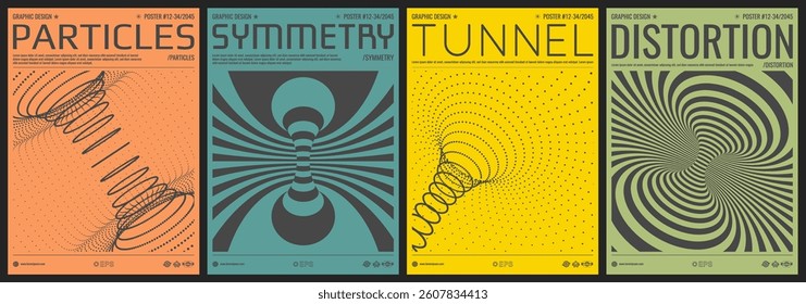 Tunnel. 3D grid surface. Abstract background made of distorted lines or dynamic particles. Pattern with optical illusion. Psychedelic stripes. Cover design template. Vector for brochure, flyer, card.
