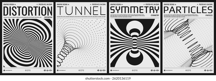 Tunnel. 3D grid surface. Abstract background made of distorted lines or dynamic particles. Pattern with optical illusion. Psychedelic stripes. Black and white cover design template. Vector.