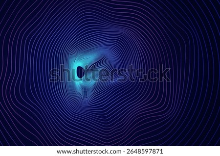 Tunnel 3d line wormhole abstract background. Big data hole sound wave effect distorted, future technology concept with copy space.