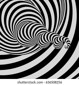 Tunnel. Abstract 3D geometrical background. Black and white design. Pattern with optical illusion. Vector illustration. 