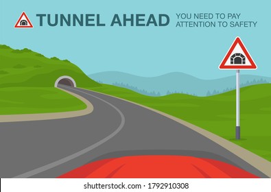 Tunnel ahead warning road or traffic sign meaning. Driving a car. Car is turning left on highway. Flat vector illustration template.