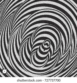 Tunnel. Black and white abstract striped background. Pointillism pattern with optical illusion. Stippled vector illustration.