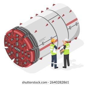 Tunnel boring machine with engineers supervising underground excavation process for infrastructure construction projects