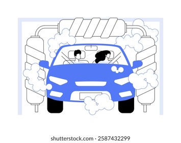 Tunnel car wash isolated cartoon vector illustrations. People cleaning their vehicle in special touchless car wash tunnel, soap and foam, small business, spraying process vector cartoon.