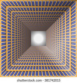 Túnel com paredes quadriculadas. Fundo abstrato com a ilusão óptica de movimento.