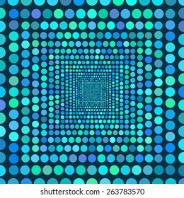 Tunnel of circles receding into the distance of the picture. Multicolored backdrop for endless threads. Blue and green tones. Vector illustration.