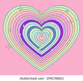 Tunnel of Concentric hearts in pastel colors. Romantic cute background in pop art hippie style.