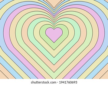 Tunnel of Concentric hearts in pastel colors. Romantic cute background in pop art hippie style.