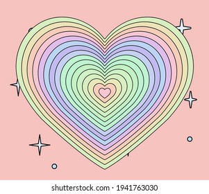 Tunnel of Concentric hearts in pastel colors. Romantic cute background in pop art hippie style.