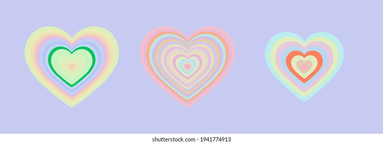 Tunnel of Concentric hearts in pastel colors. Romantic cute background in pop art hippie style.