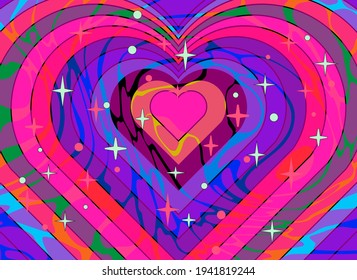 Tunnel of Concentric hearts in pastel colors. Romantic cute background in pop art hippie style.