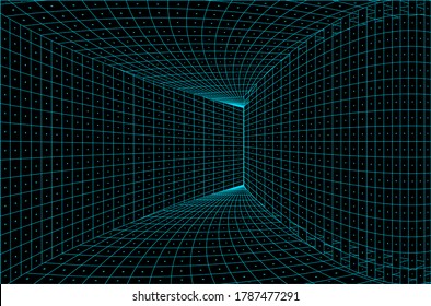 Tunnel. Digital wireframe tunnel. 3D tunnel grid. Background abstract vector image