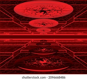 Tunnel with disks, grunge floor and ceiling and with red neon lighting. Vector illustration 