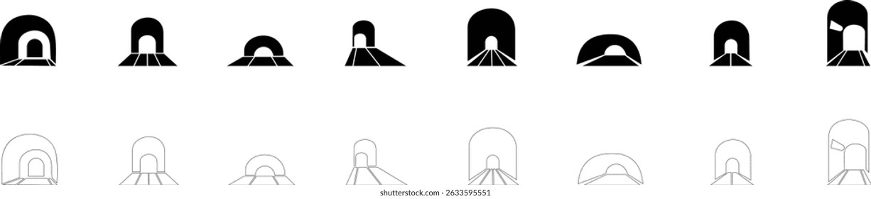 Tunnel entrada sinal ícone de linha fina conjunto, vetor, pixel perfeito, em ponte de automóvel de estilo diferente. Estrada vazia moderna da estrada com pictograma do túnel dentro isolado no fundo transparente.