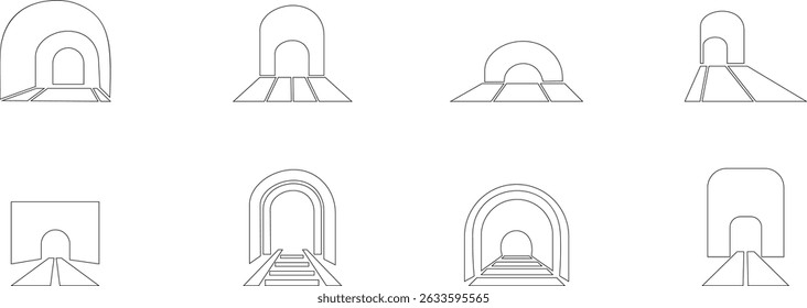 Tunnel entrada sinal ícone de linha fina conjunto, vetor, pixel perfeito, em ponte de automóvel de estilo diferente. Estrada vazia moderna da estrada com pictograma do túnel dentro isolado no fundo transparente.