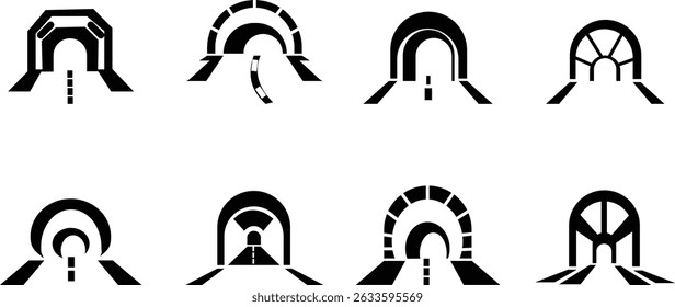 Tunnel entrada sinal ícone de linha fina conjunto, vetor, pixel perfeito, em ponte de automóvel de estilo diferente. Estrada vazia moderna da estrada com pictograma do túnel dentro isolado no fundo transparente.