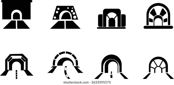 Tunnel entrada sinal ícone de linha fina conjunto, vetor, pixel perfeito, em ponte de automóvel de estilo diferente. Estrada vazia moderna da estrada com pictograma do túnel dentro isolado no fundo transparente.