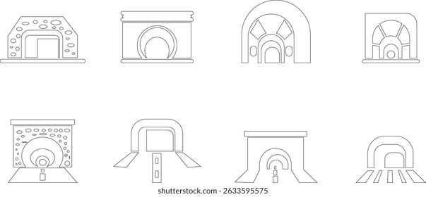 Tunnel entrada sinal ícone de linha fina conjunto, vetor, pixel perfeito, em ponte de automóvel de estilo diferente. Estrada vazia moderna da estrada com pictograma do túnel dentro isolado no fundo transparente.