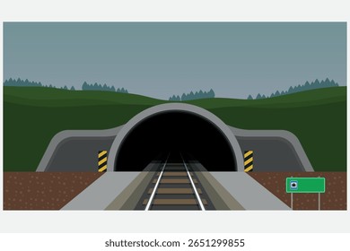Tunnel. Tunnel entrance. Train entering tunnel.Vehicle and train. Highway and road. Round trip. Automobile and train. Road problems. Mathematics, geometry, physics, chemistry, science. 