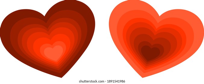 Tunnel of hearts, from dark red to light red and vice versa. Vector graphics.